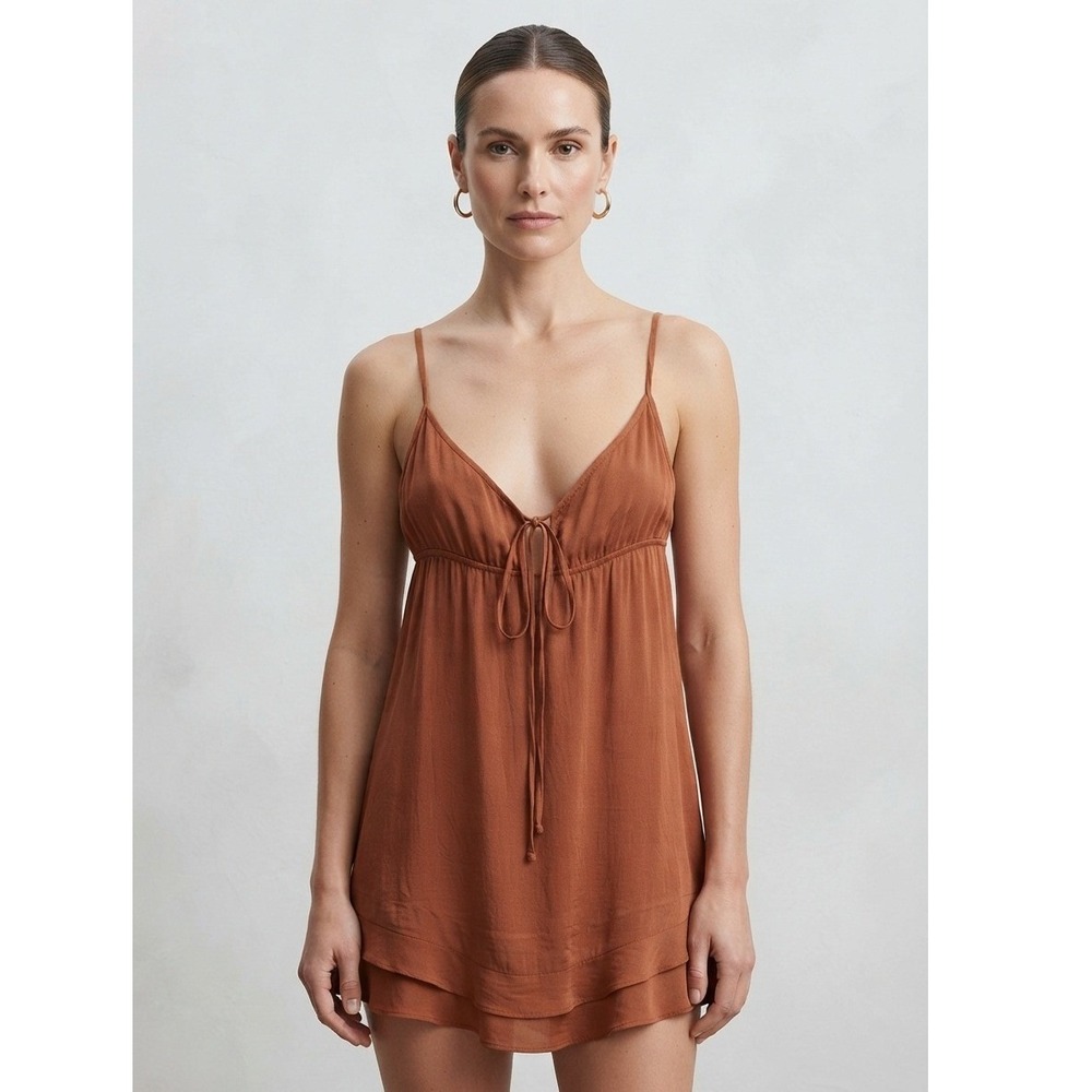 Princess Polly Rust Brown V-Neck Ruffle Hem Babydoll Mini Dress Size 6 Beachy